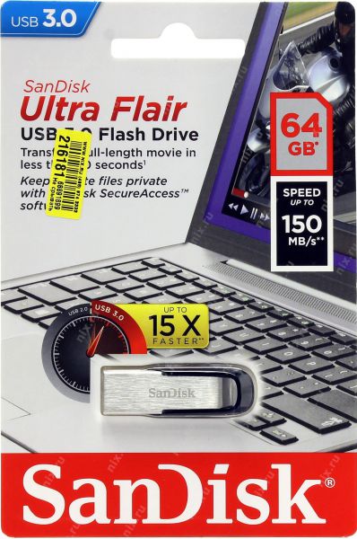 Флешка Sandisk Cruzer Ultra Flair USB3.0 64Гб серебристый